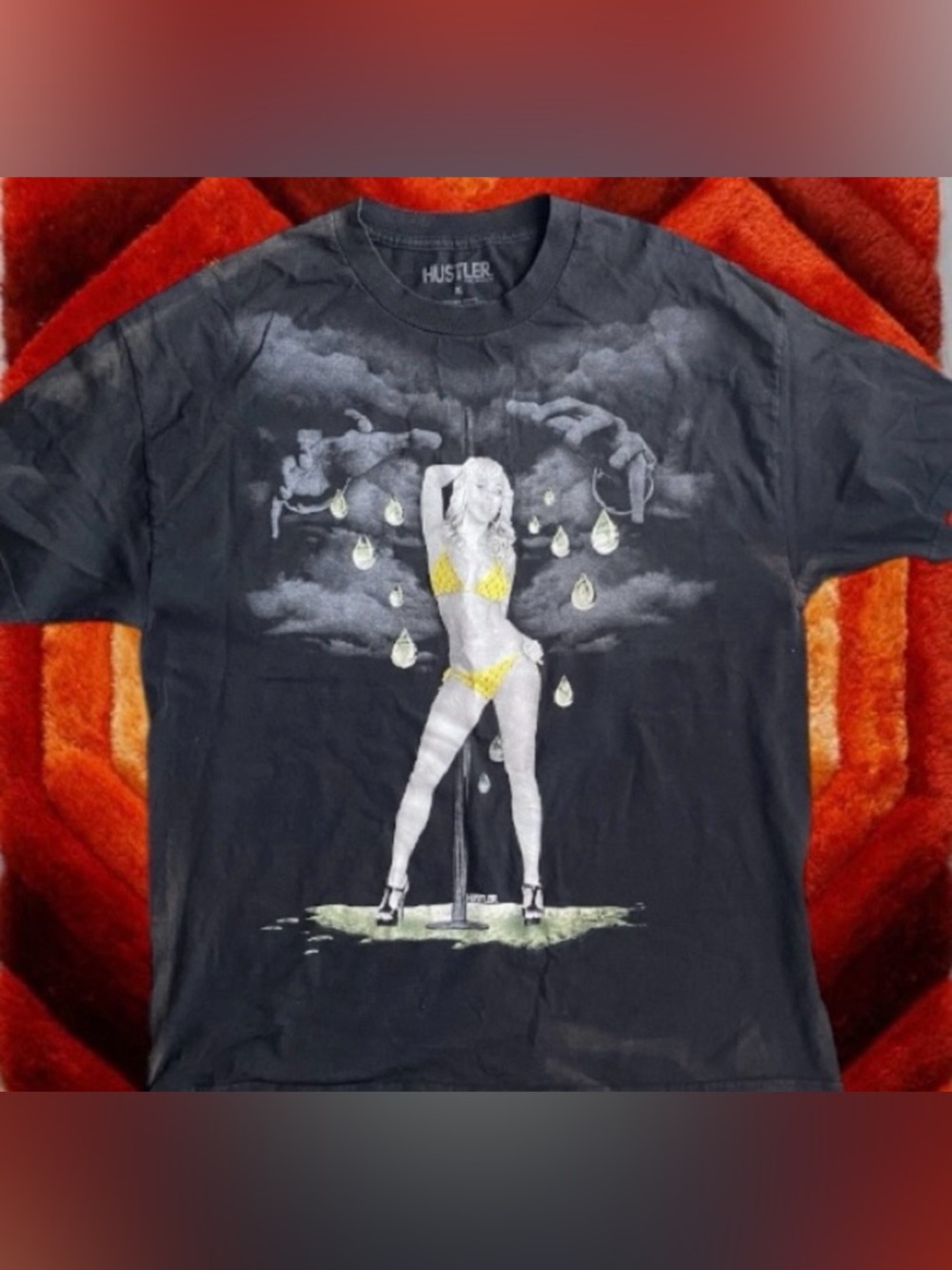 Vintage Hustler Hollywood Black Tee with Yellow Bikini Graphic Playboy